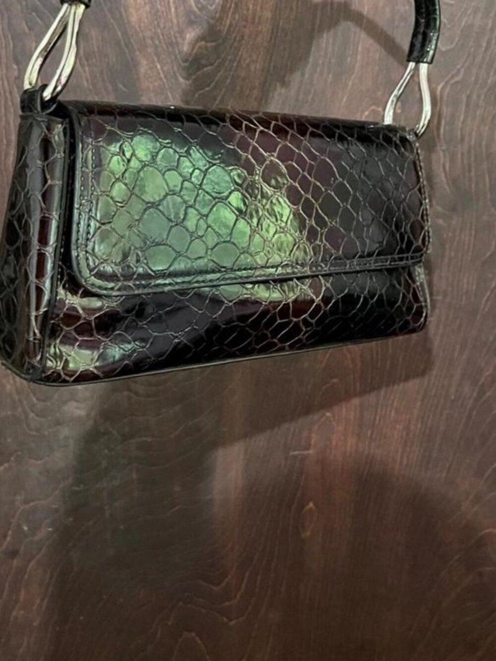 Y2K Dark Brown Croc Embossed Baguette Shoulder Bag - Picture 2 of 5